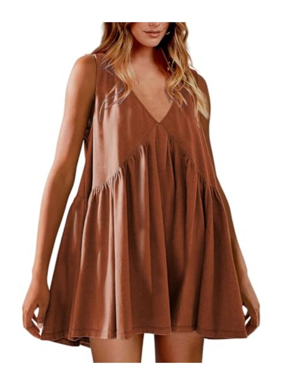 Womens Babydoll Mini Dress Sleeveless V Neck Flowy Beach Sun Dress Pockets